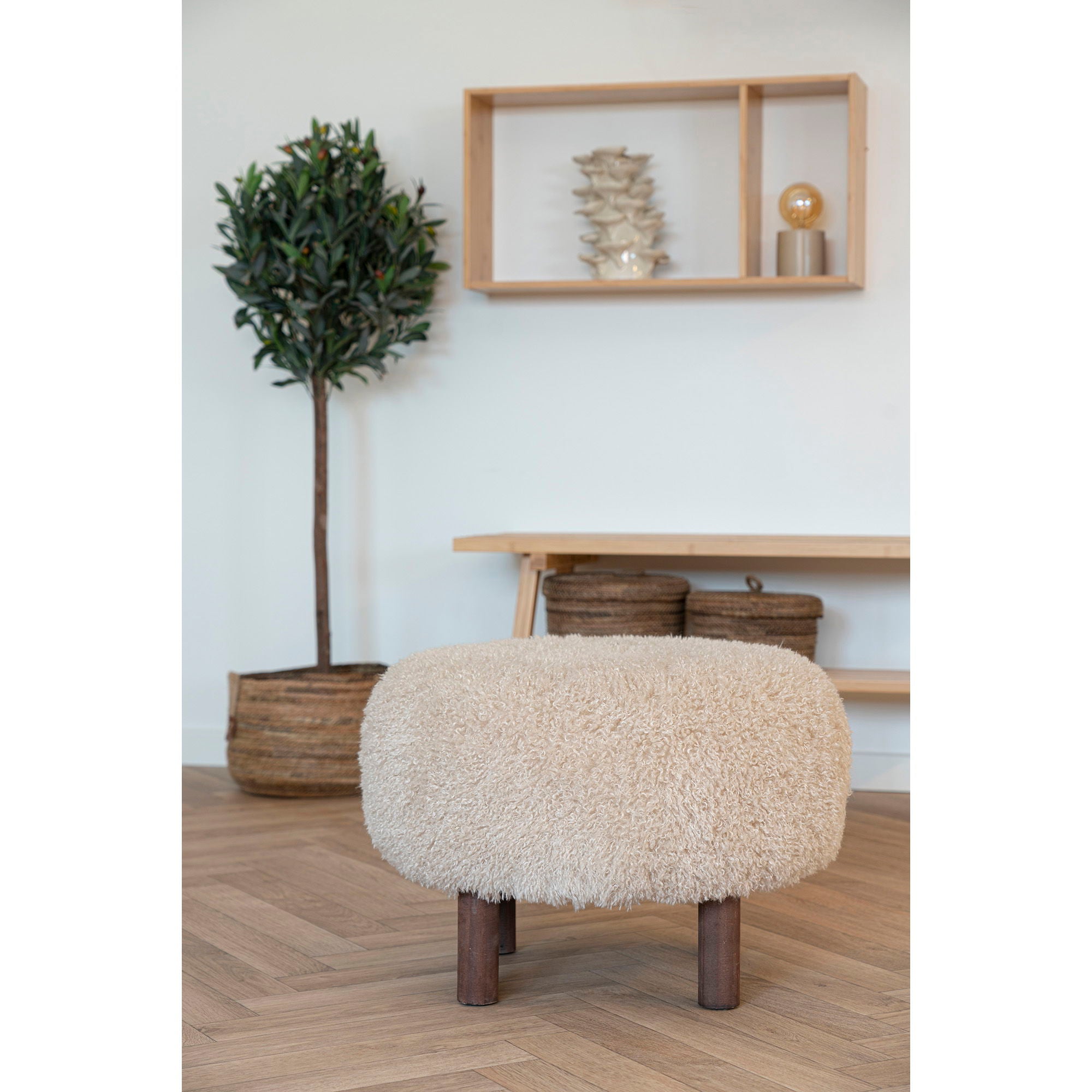 Inverness – Hocker mit Kunstfellbezug, Hellbraun, Ø50×36 cm